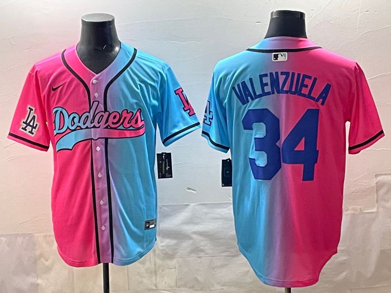 Men 2025 Los Angeles Dodgers #34 Valenzuela Blue pink Game Nike MLB Jersey style 08